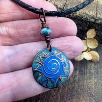 Celtic Sun Spiral Necklace, Copper Patina Pendant, Czech Glass Beads, Irish Celtic Spirals, Colorful Sun, Summer Jewelry, Pagan Celtic Witch