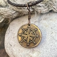 Compass Rose Charm, Bronze Compass Necklace, Nautical, Boats Sailing Sea, Protection Guidance Talisman, Men's Unisex Jewelry, Rustic Seaworn