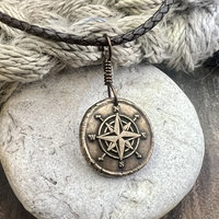 Compass Rose Charm, Bronze Compass Necklace, Nautical, Boats Sailing Sea, Protection Guidance Talisman, Men's Unisex Jewelry, Rustic Seaworn