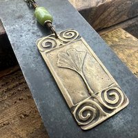 Bronze Ginkgo Leaf Pendant, Irish Celtic Spirals, Connemara Marble, Leather & Vegan Cords, Earthy Rustic, Celtic Green Witch