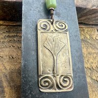 Bronze Ginkgo Leaf Pendant, Irish Celtic Spirals, Connemara Marble, Leather & Vegan Cords, Earthy Rustic, Celtic Green Witch