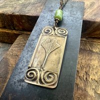 Bronze Ginkgo Leaf Pendant, Irish Celtic Spirals, Connemara Marble, Leather & Vegan Cords, Earthy Rustic, Celtic Green Witch