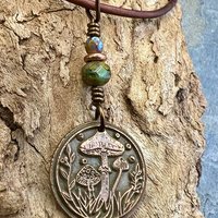 Mushroom Copper Pendant, Wax Seal Charm, Czech Glass Beads, Earth Witch Jewelry, Earthy Rustic, Leather & Vegan Cords, Fungi Mycelium Lover