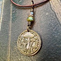 Mushroom Copper Pendant, Wax Seal Charm, Czech Glass Beads, Earth Witch Jewelry, Earthy Rustic, Leather & Vegan Cords, Fungi Mycelium Lover