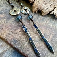Bronze Dangle Drop Earrings, Coral Fossil Texture, Czech Glass Beads, Bronze and Blue, Hypoallergenic Niobium Ear Wires, Earthy Primitive