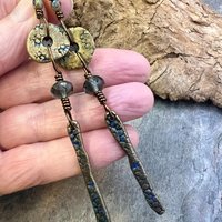Bronze Dangle Drop Earrings, Coral Fossil Texture, Czech Glass Beads, Bronze and Blue, Hypoallergenic Niobium Ear Wires, Earthy Primitive
