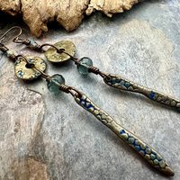Bronze Dangle Drop Earrings, Coral Fossil Texture, Czech Glass Beads, Bronze and Blue, Hypoallergenic Niobium Ear Wires, Earthy Primitive
