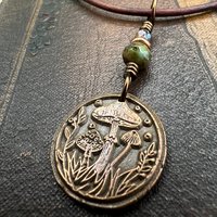 Mushroom Copper Pendant, Wax Seal Charm, Czech Glass Beads, Earth Witch Jewelry, Earthy Rustic, Leather & Vegan Cords, Fungi Mycelium Lover
