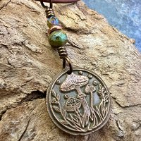Mushroom Copper Pendant, Wax Seal Charm, Czech Glass Beads, Earth Witch Jewelry, Earthy Rustic, Leather & Vegan Cords, Fungi Mycelium Lover