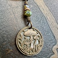 Mushroom Copper Pendant, Wax Seal Charm, Czech Glass Beads, Earth Witch Jewelry, Earthy Rustic, Leather & Vegan Cords, Fungi Mycelium Lover