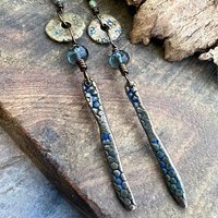 Bronze Dangle Drop Earrings, Coral Fossil Texture, Czech Glass Beads, Bronze and Blue, Hypoallergenic Niobium Ear Wires, Earthy Primitive