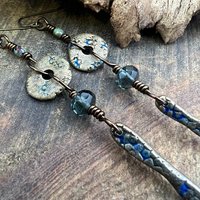 Bronze Dangle Drop Earrings, Coral Fossil Texture, Czech Glass Beads, Bronze and Blue, Hypoallergenic Niobium Ear Wires, Earthy Primitive