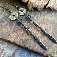 Bronze Dangle Drop Earrings, Coral Fossil Texture, Czech Glass Beads, Bronze and Blue, Hypoallergenic Niobium Ear Wires, Earthy Primitive