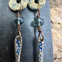 Bronze Dangle Drop Earrings, Coral Fossil Texture, Czech Glass Beads, Bronze and Blue, Hypoallergenic Niobium Ear Wires, Earthy Primitive
