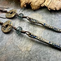 Bronze Dangle Drop Earrings, Coral Fossil Texture, Czech Glass Beads, Bronze and Blue, Hypoallergenic Niobium Ear Wires, Earthy Primitive