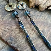 Bronze Dangle Drop Earrings, Coral Fossil Texture, Czech Glass Beads, Bronze and Blue, Hypoallergenic Niobium Ear Wires, Earthy Primitive