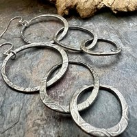 Triple Hoop Sterling Silver Earrings, Hypoallergenic Ear Wires, Long Statement Earrings, Hoop Dangles, Fun Jewelry, Earthy Rustic, Boho Chic