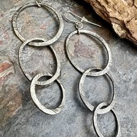 Triple Hoop Sterling Silver Earrings, Hypoallergenic Ear Wires, Long Statement Earrings, Hoop Dangles, Fun Jewelry, Earthy Rustic, Boho Chic