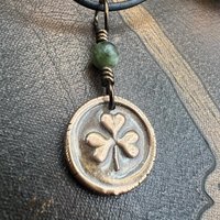 Shamrock Clover Charm, Copper Wax Seal Charm, Connemara Marble, Irish Celtic Jewelry, Leather & Vegan Cords, Handmade, Soul Harbor Jewelry