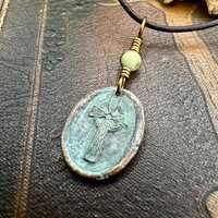 Copper Celtic Cross, Wax Seal Charm, Connemara Marble, Irish Celtic, Copper Cross Necklace, Leather Vegan Cord, Verdigris Patina, Aged Metal