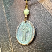 Copper Celtic Cross, Wax Seal Charm, Connemara Marble, Irish Celtic, Copper Cross Necklace, Leather Vegan Cord, Verdigris Patina, Aged Metal