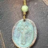 Copper Celtic Cross, Wax Seal Charm, Connemara Marble, Irish Celtic, Copper Cross Necklace, Leather Vegan Cord, Verdigris Patina, Aged Metal