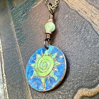 Celtic Sun Spiral Necklace, Copper Patina Pendant, Connemara Marble Bead, Irish Celtic Spirals, Colorful Sun, Pagan Celtic Witch, Handmade