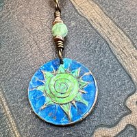 Celtic Sun Spiral Necklace, Copper Patina Pendant, Connemara Marble Bead, Irish Celtic Spirals, Colorful Sun, Pagan Celtic Witch, Handmade