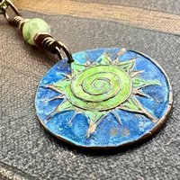 Celtic Sun Spiral Necklace, Copper Patina Pendant, Connemara Marble Bead, Irish Celtic Spirals, Colorful Sun, Pagan Celtic Witch, Handmade