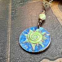 Celtic Sun Spiral Necklace, Copper Patina Pendant, Connemara Marble Bead, Irish Celtic Spirals, Colorful Sun, Pagan Celtic Witch, Handmade