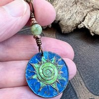 Celtic Sun Spiral Necklace, Copper Patina Pendant, Connemara Marble Bead, Irish Celtic Spirals, Colorful Sun, Pagan Celtic Witch, Handmade