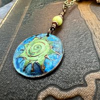Celtic Sun Spiral Necklace, Copper Patina Pendant, Connemara Marble Bead, Irish Celtic Spirals, Colorful Sun, Pagan Celtic Witch, Handmade