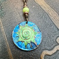 Celtic Sun Spiral Necklace, Copper Patina Pendant, Connemara Marble Bead, Irish Celtic Spirals, Colorful Sun, Pagan Celtic Witch, Handmade