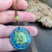 Celtic Sun Spiral Necklace, Copper Patina Pendant, Connemara Marble Bead, Irish Celtic Spirals, Colorful Sun, Pagan Celtic Witch, Handmade