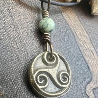 Triskele Bronze Charm, Wax Seal Charm, Connemara Marble Bead, Irish Celtic, 8 Anniversary, Celtic Witch, Triskelion Triple Spiral, Pagan
