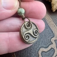 Triskele Bronze Charm, Wax Seal Charm, Connemara Marble Bead, Irish Celtic, 8 Anniversary, Celtic Witch, Triskelion Triple Spiral, Pagan