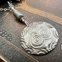 Newgrange Spirals, Sterling Silver Pendant, Connemara Marble, Irish Celtic, Triskele Triskelion, Triple Spiral, Celtic Pagan Witch, Handmade