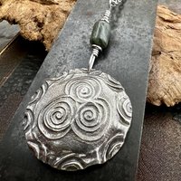 Newgrange Spirals, Sterling Silver Pendant, Connemara Marble, Irish Celtic, Triskele Triskelion, Triple Spiral, Celtic Pagan Witch, Handmade
