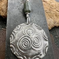 Newgrange Spirals, Sterling Silver Pendant, Connemara Marble, Irish Celtic, Triskele Triskelion, Triple Spiral, Celtic Pagan Witch, Handmade