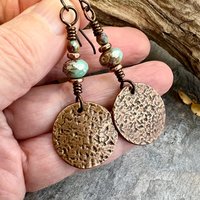 Copper Disc Earrings, Czech Glass Beads, Hypoallergenic Ear Wires, Earthy Tribal, Boho Chic Style, Dangle Discs, Soul Harbor Jewelry