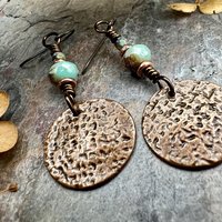 Copper Disc Earrings, Czech Glass Beads, Hypoallergenic Ear Wires, Earthy Tribal, Boho Chic Style, Dangle Discs, Soul Harbor Jewelry