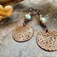 Copper Disc Earrings, Czech Glass Beads, Hypoallergenic Ear Wires, Earthy Tribal, Boho Chic Style, Dangle Discs, Soul Harbor Jewelry