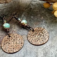 Copper Disc Earrings, Czech Glass Beads, Hypoallergenic Ear Wires, Earthy Tribal, Boho Chic Style, Dangle Discs, Soul Harbor Jewelry
