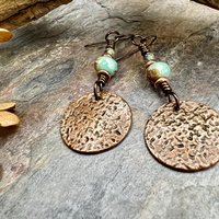 Copper Disc Earrings, Czech Glass Beads, Hypoallergenic Ear Wires, Earthy Tribal, Boho Chic Style, Dangle Discs, Soul Harbor Jewelry