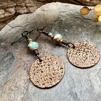 Copper Disc Earrings, Czech Glass Beads, Hypoallergenic Ear Wires, Earthy Tribal, Boho Chic Style, Dangle Discs, Soul Harbor Jewelry