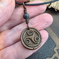 Triskele Charm, Copper Necklace, Wax Seal Charm, Connemara Marble, Irish Celtic Pagan, 7 Anniversary, Celtic Witch, Triskelion Triple Spiral