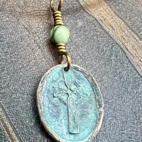 Copper Celtic Cross, Wax Seal Charm, Connemara Marble, Irish Celtic, Copper Cross Necklace, Leather Vegan Cord, Verdigris Patina, Aged Metal
