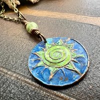 Celtic Sun Spiral Necklace, Copper Patina Pendant, Connemara Marble Bead, Irish Celtic Spirals, Colorful Sun, Pagan Celtic Witch, Handmade