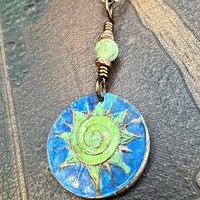 Celtic Sun Spiral Necklace, Copper Patina Pendant, Connemara Marble Bead, Irish Celtic Spirals, Colorful Sun, Pagan Celtic Witch, Handmade
