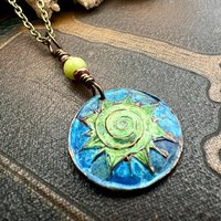 Celtic Sun Spiral Necklace, Copper Patina Pendant, Connemara Marble Bead, Irish Celtic Spirals, Colorful Sun, Pagan Celtic Witch, Handmade